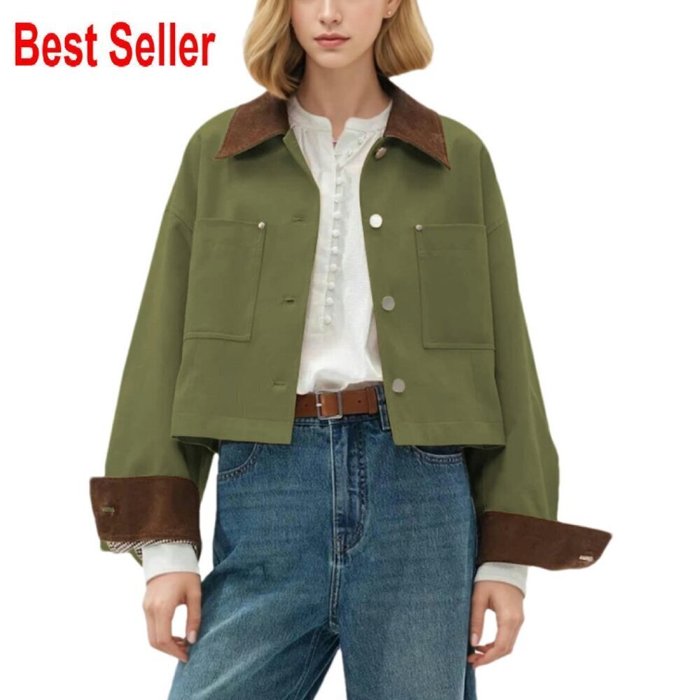 Cropped Barn Jacket Retro Utility Coat Contrast Collar Button Front Pockets